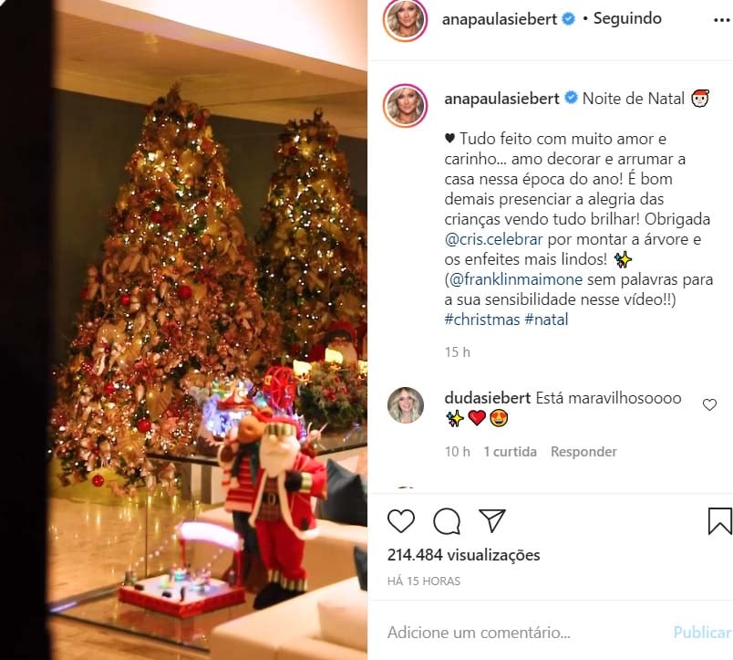 Esposa de Roberto Justus exibe decoração luxuosa para a ceia de Natal
