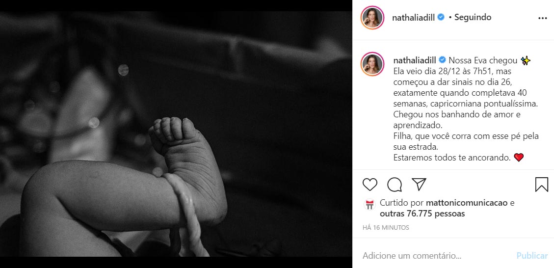 Nathalia Dill mostra foto da filha no parto