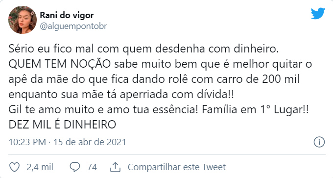 Fãs criticam Juliette por rir da dívida de Gilberto no BBB21 - Crédito: Reprodução / Twitter