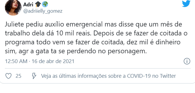 Fãs criticam Juliette por rir da dívida de Gilberto no BBB21 - Crédito: Reprodução / Twitter