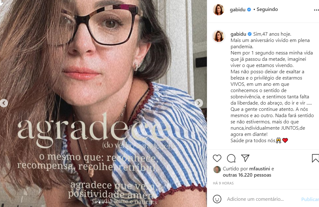 Gabriela Duarte fala sobre seu aniversário de 47 anos - Crédito: Reprodução / Instagram