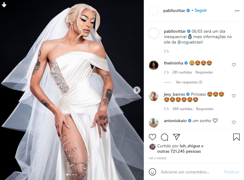 Vestida de noiva, Pabllo Vittar anuncia data especial