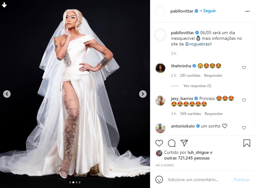 Vestida de noiva, Pabllo Vittar anuncia data especial