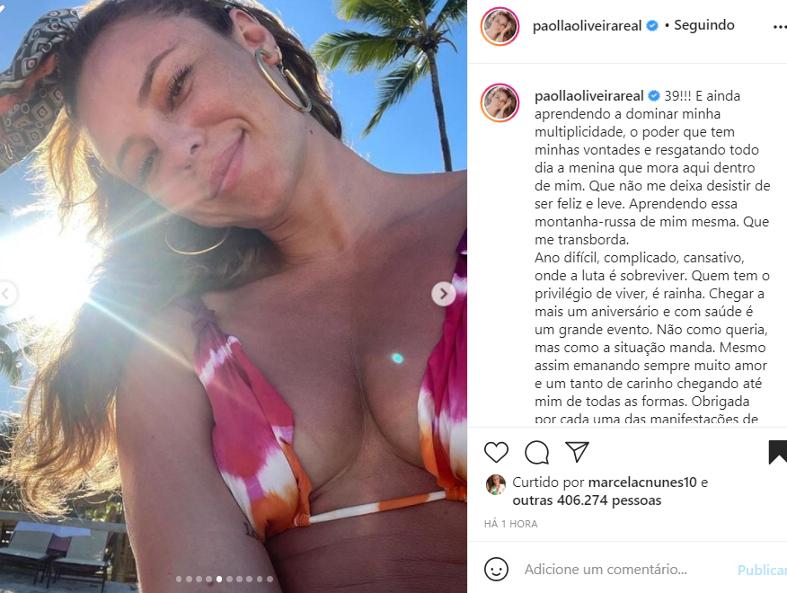 A atriz Paolla Oliveira completou 39 anos de idade - Crédito: Reprodução / Instagram