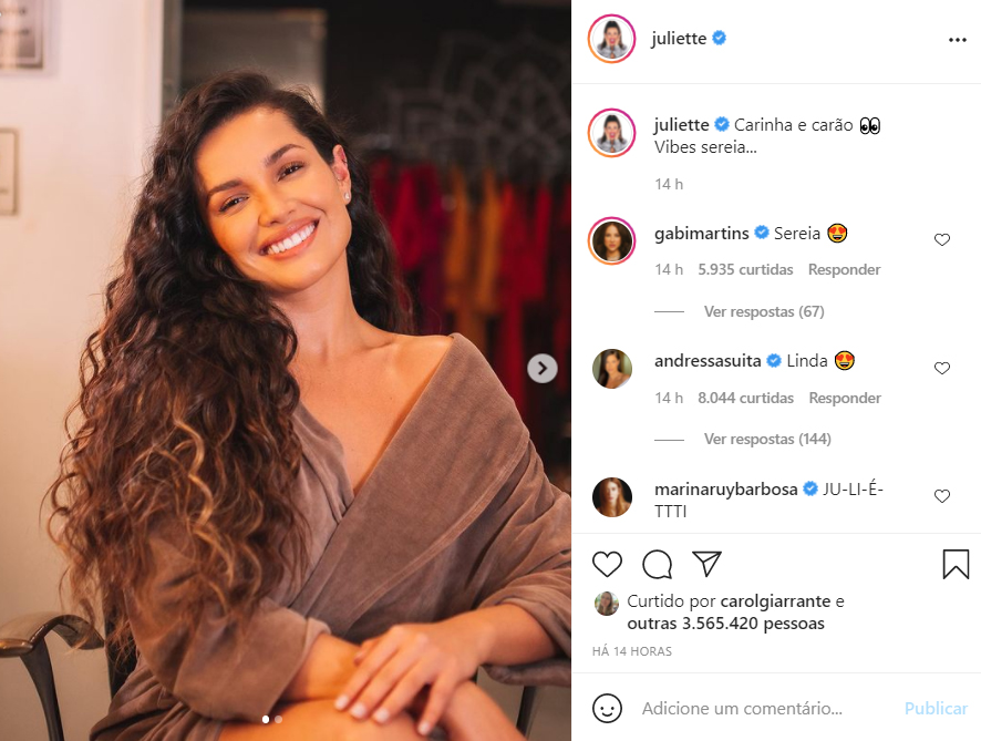 Juliette aparece com o cabelo cacheado - Crédito: Reprodução / Instagram