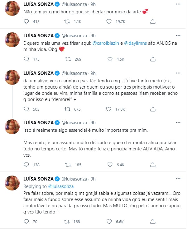 Mensagens de Luisa Sonza no Twitter - Crédito: Reprodução / Twitter