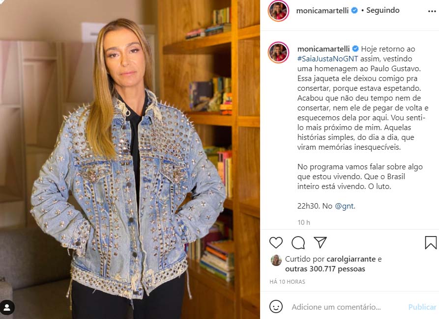 Mônica Martelli usa jaqueta de Paulo Gustavo no programa Saia Justa, do GNT - Crédito: Reprodução / Instagram