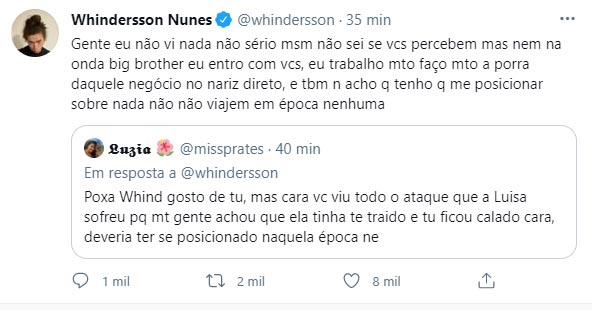 Whindersson Nunes fala no Twitter - Crédito: Reprodução / Twitter