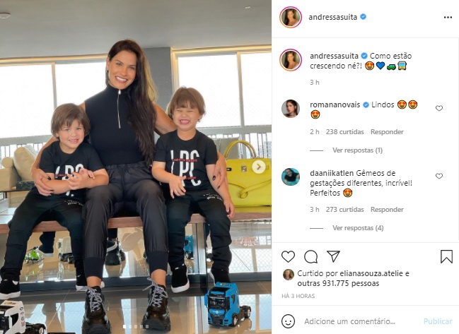 Filhos de Andressa Suita combinam look em foto