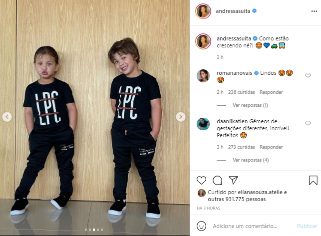 Filhos de Andressa Suita combinam look em foto