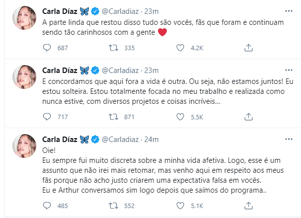 Carla Diaz fala sobre rumores com Arthur - Crédito: Reprodução / Twitter