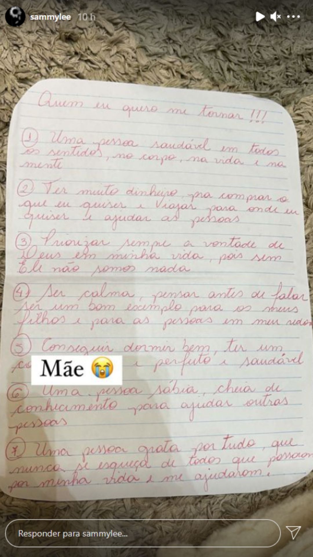 Sammy chora ao mostrar última carta da mãe. Foto: Reprodução/Instagram