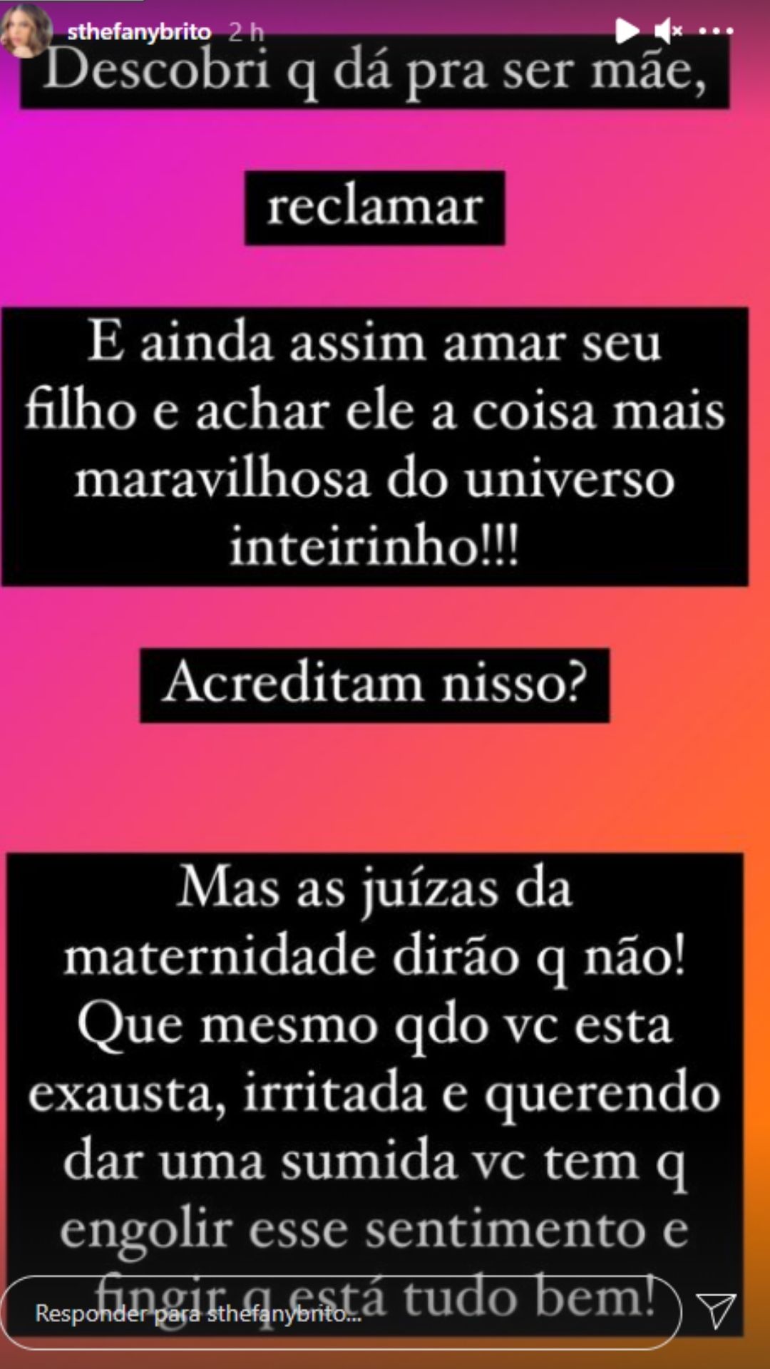 Sthefany rebate comentário de internauta sobre a maternidade. Foto: Reprodução/Instagram