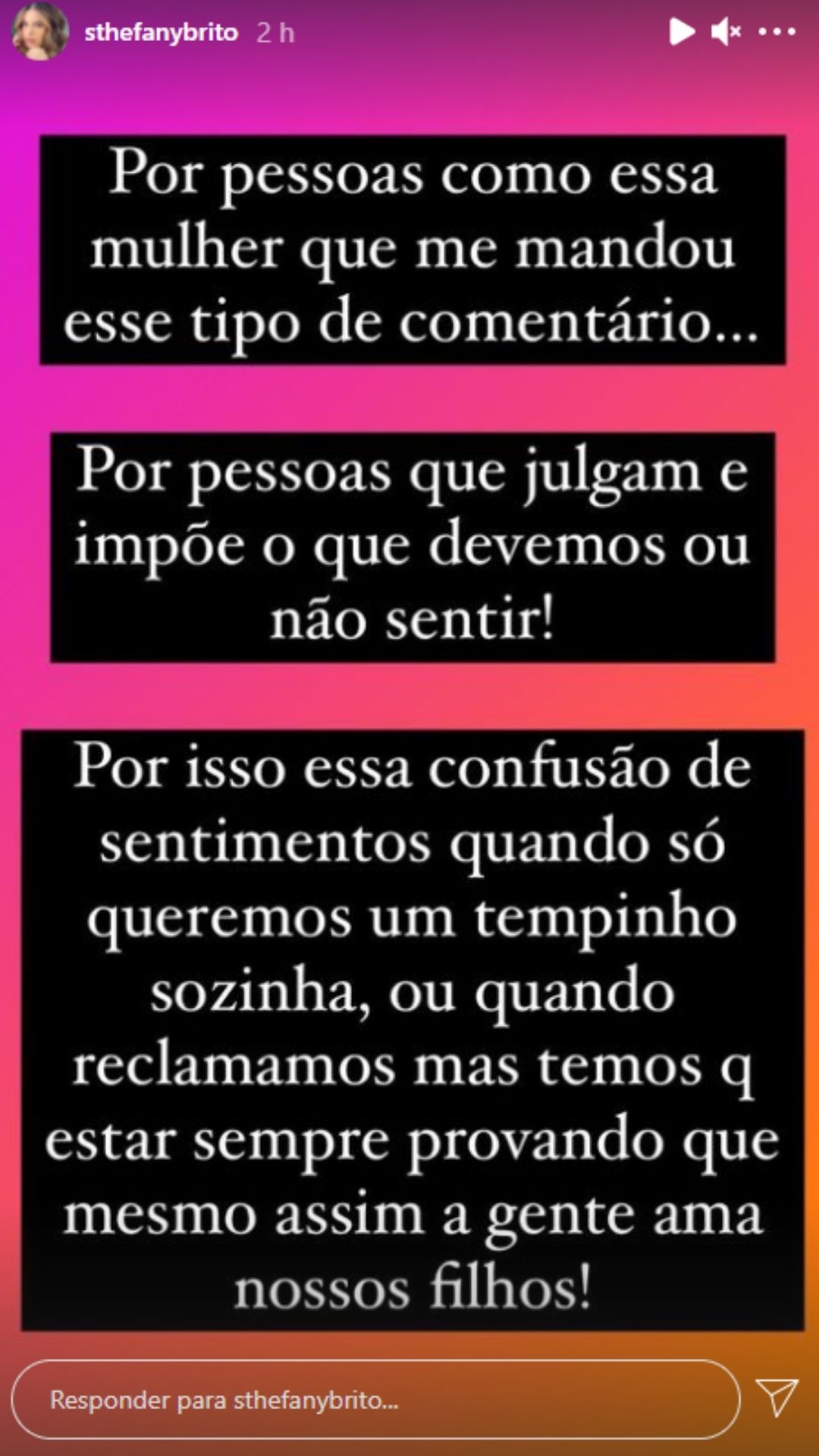 Sthefany rebate comentário de internauta sobre a maternidade. Foto: Reprodução/Instagram