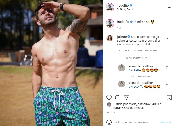 Juliette deixa comentário em foto de Rodolffo sem camisa