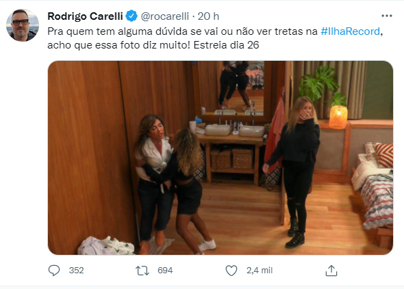 Rodrigo Carelli mostra foto de confusão com Nadja Pessoa no Ilha Record - Crédito: Reprodução / Twitter