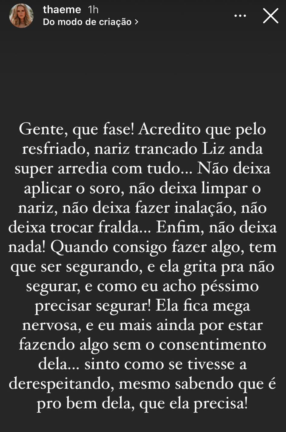 Thaeme Mariôto relata momentos difíceis com a filha