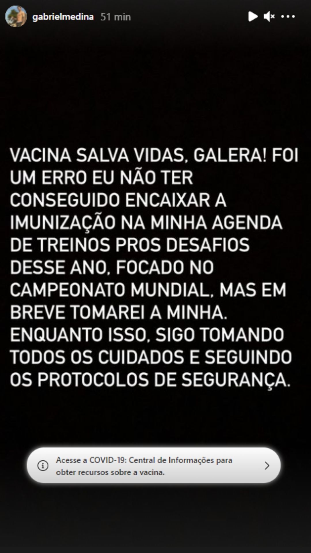 Gabriel Medina admite erro por não ter se vacinado contra Covid-19. Foto: Reprodução/Instagram