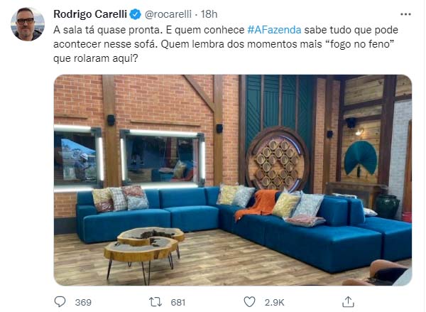 Rodrigo Carelli mostra decoração de A Fazenda 13 - Crédito: Reprodução / Twitter