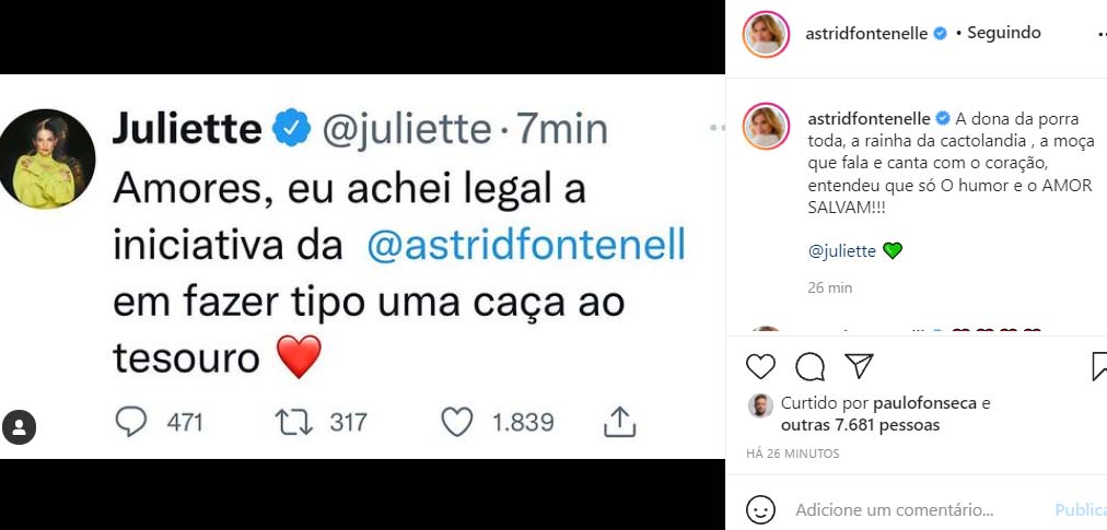 Juliette fala da atitude de Astrid Fontenelle - Crédito: Reprodução / Instagram