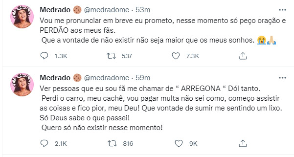 Fernanda Medrado escreve mensagens no Twitter - Crédito: Reprodução / Twitter