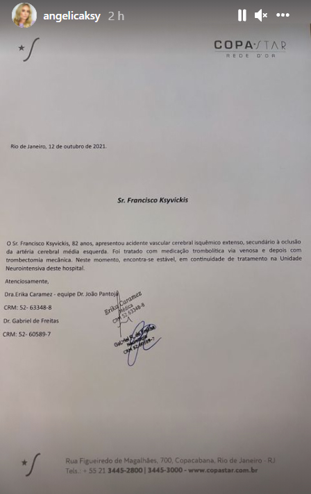 Angélica mostra boletim médico sobre o pai - Crédito: Reprodução / Instagram