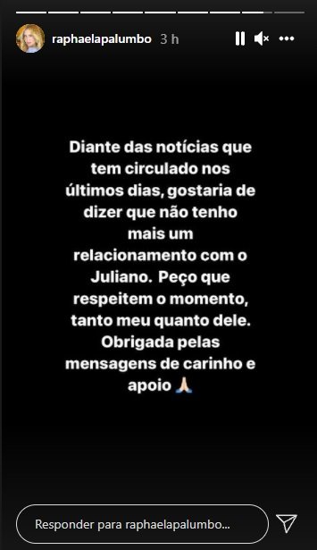 Ex-namorada de Juliano Laham escreve mensagem nas redes sociais - Crédito: Reprodução / Instagram