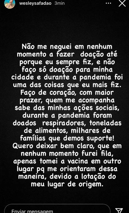 Wesley Safadão se pronuncia sobre a polêmica da vacinação - Crédito: Reprodução / Instagram