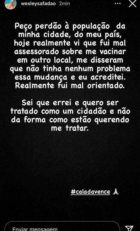 Wesley Safadão se pronuncia sobre a polêmica da vacinação - Crédito: Reprodução / Instagram