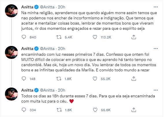 Anitta reflete sobre o luto - Crédito: Reprodução / Twitter