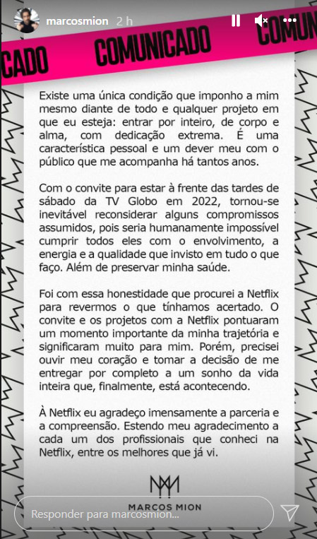 Marcos Mion fala sobre a Netflix - Crédito: Reprodução / Instagram
