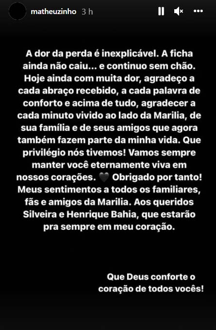 Matheuzinho fala sobre Marília Mendonça - Crédito: Reprodução / Instagram