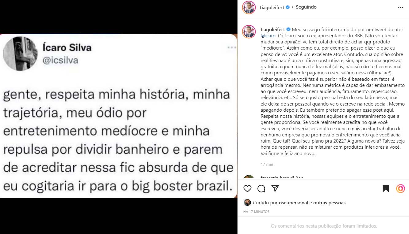 Tiago Leifert rebate declaração de Ícaro Silva - Crédito: Reprodução / Instagram