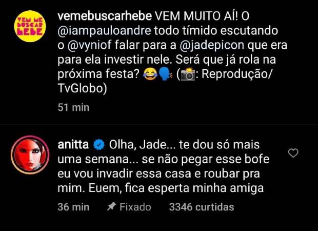 Anitta abre o jogo e manda recado para Jade Picon