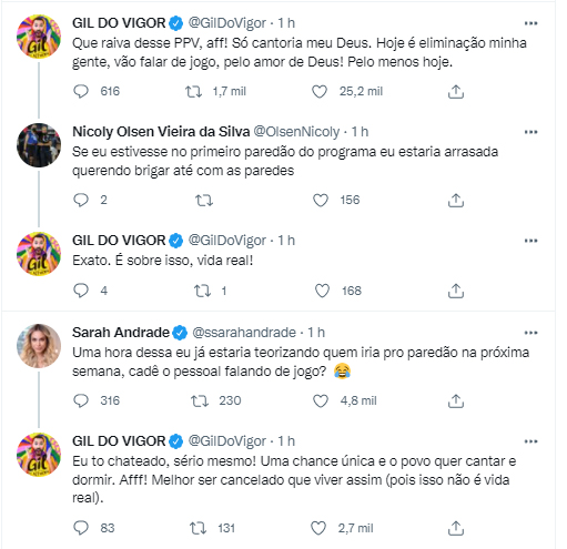 Gil do Vigor reclama dos participantes do BBB 22 - Crédito: Reprodução / Twitter