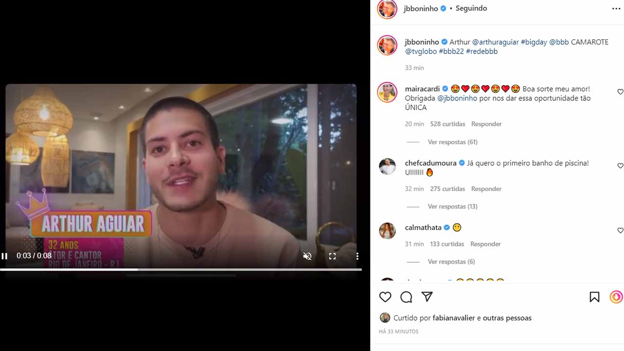 Maíra Cardi fala sobre Arthur Aguiar em post de Boninho - Crédito: Reprodução / Instagram