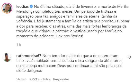 Dona Ruth faz comentário sobre a dor do luto - Crédito: Reprodução / Instagram