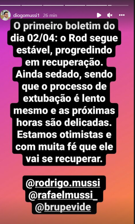 Diogo Mussi divulga boletim médico sobre o irmão, Rodrigo Mussi - Crédito: Reprodução / Instagram