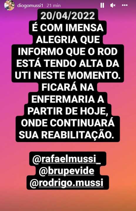 Diogo Mussi fala sobre a recuperação de Rodrigo Mussi - Crédito: Reprodução / Instagram