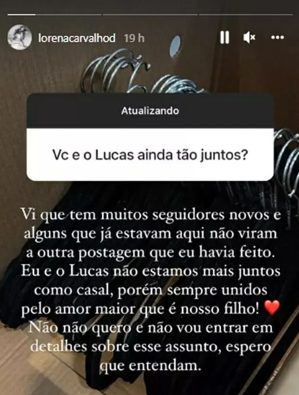 Lorena Carvalho fala sobre boatos de reconciliação com Lucas Lucco