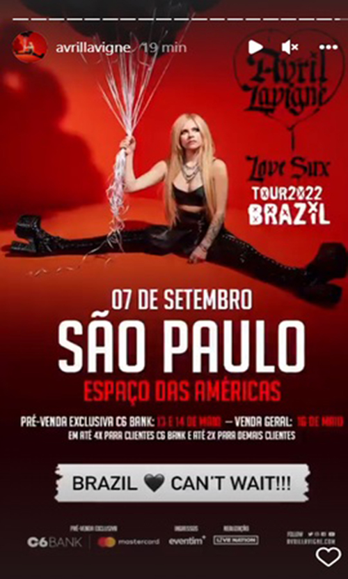 Avril divulga show em São Paulo (Reprodução/Instagram)