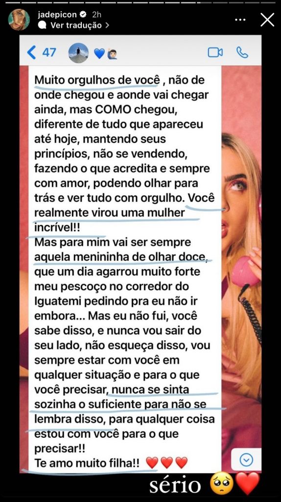 Jade Picon compartilha mensagem que recebeu do pai (Reprodução/Instagram)