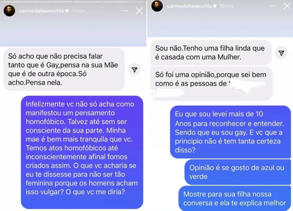 Carmo Dalla Vecchia discute com fã que pediu para ele ser 'menos gay'