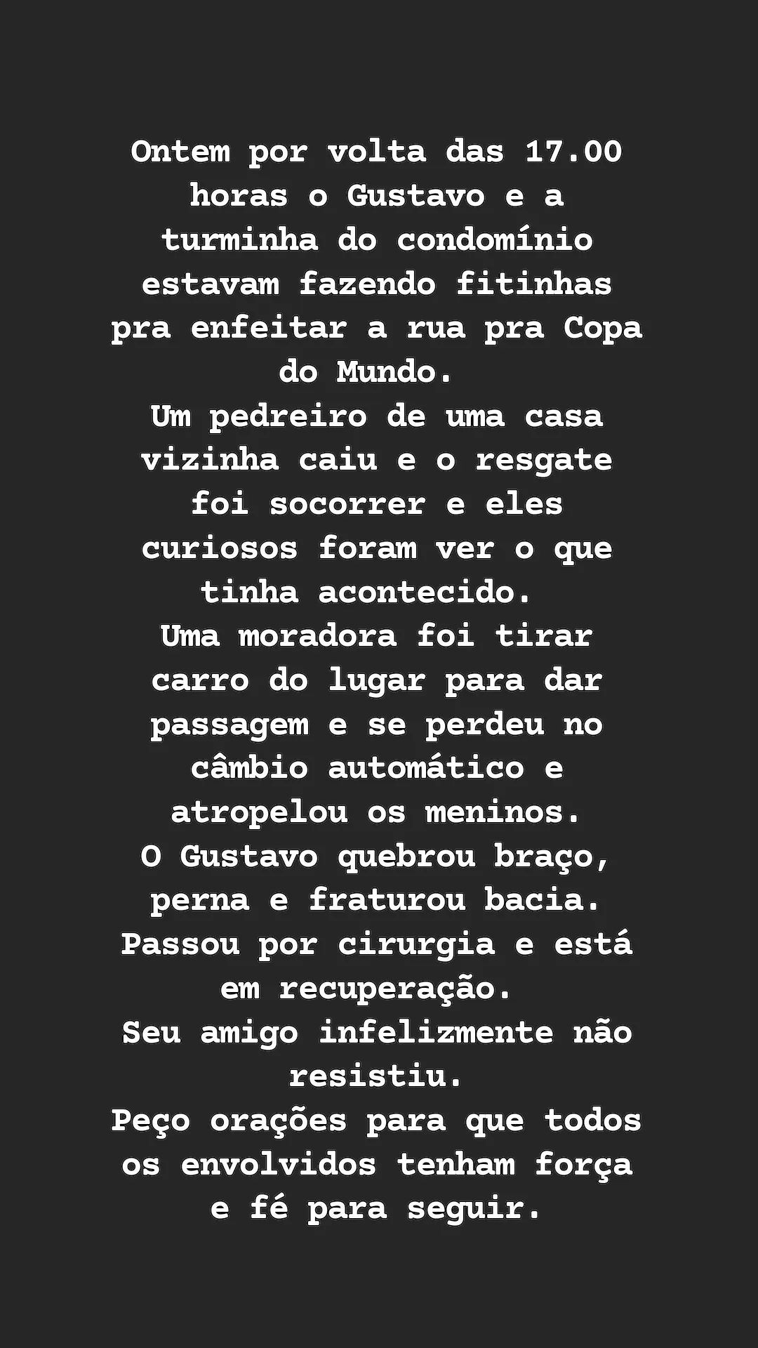 Assessoria de Gustavo Corasini publica comunicado sobre acidente do ator mirim (Reprodução/Instagram)