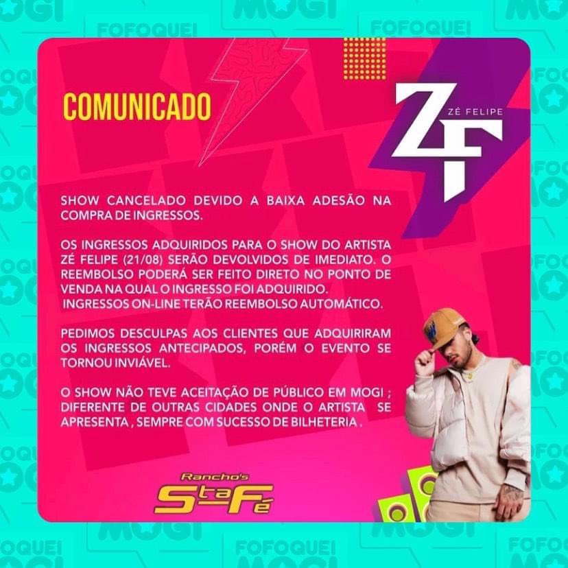 Show de Zé Felipe é cancelado por vender poucos ingressos