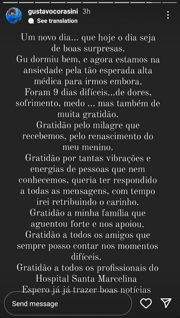 Story Gustavo Corasini. Reprodução/Instagram