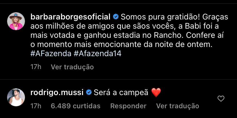 Rodrigo Mussi declara torcida para Babi em 'A Fazenda 14'