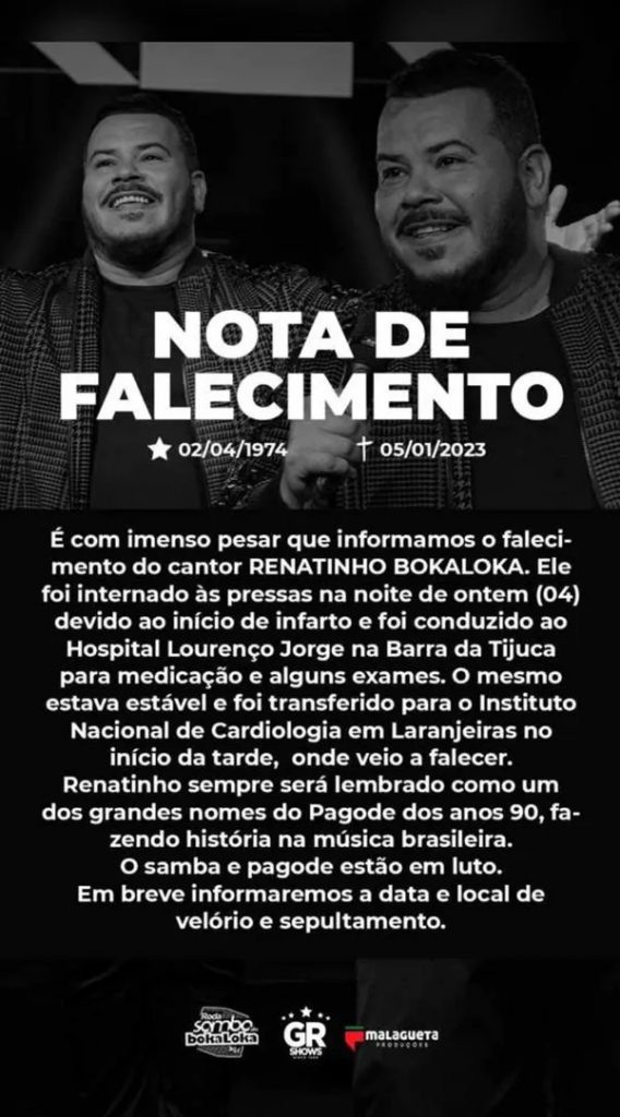 Cantor Renatinho, do grupo Bokaloka, morre aos 48 anos após sofrer infarto