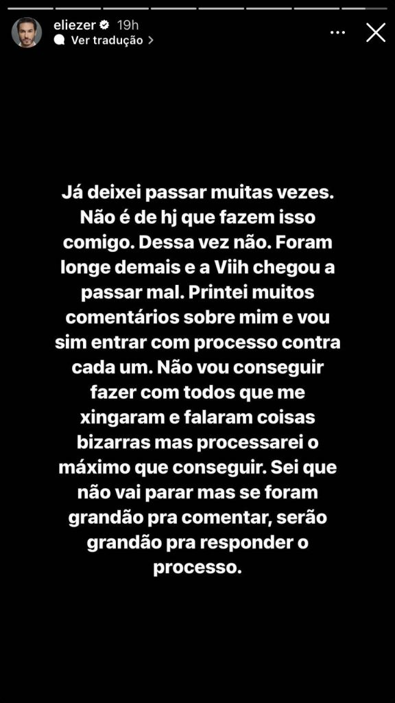 Eliezer desabafo. Reprodução/Instagram