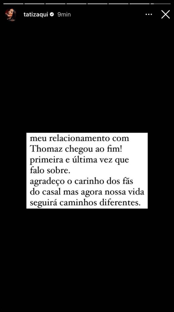 Tati Zaqui anuncia fim do namoro com Thomaz Costa